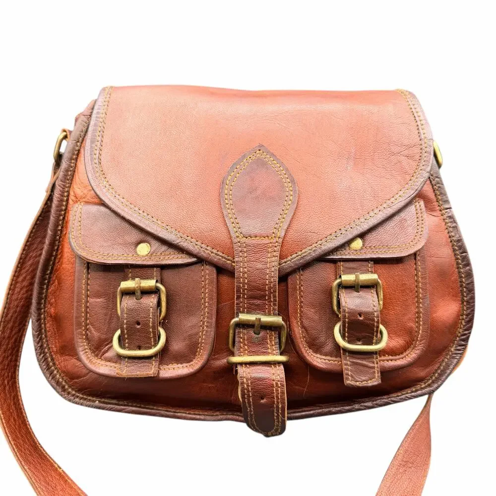 Firu Handmade Leather Crossbody Satchel Brown Buckle Messenger Bag